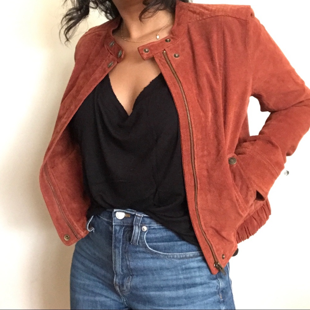 Terracotta suede jacket with cute polka dot lining